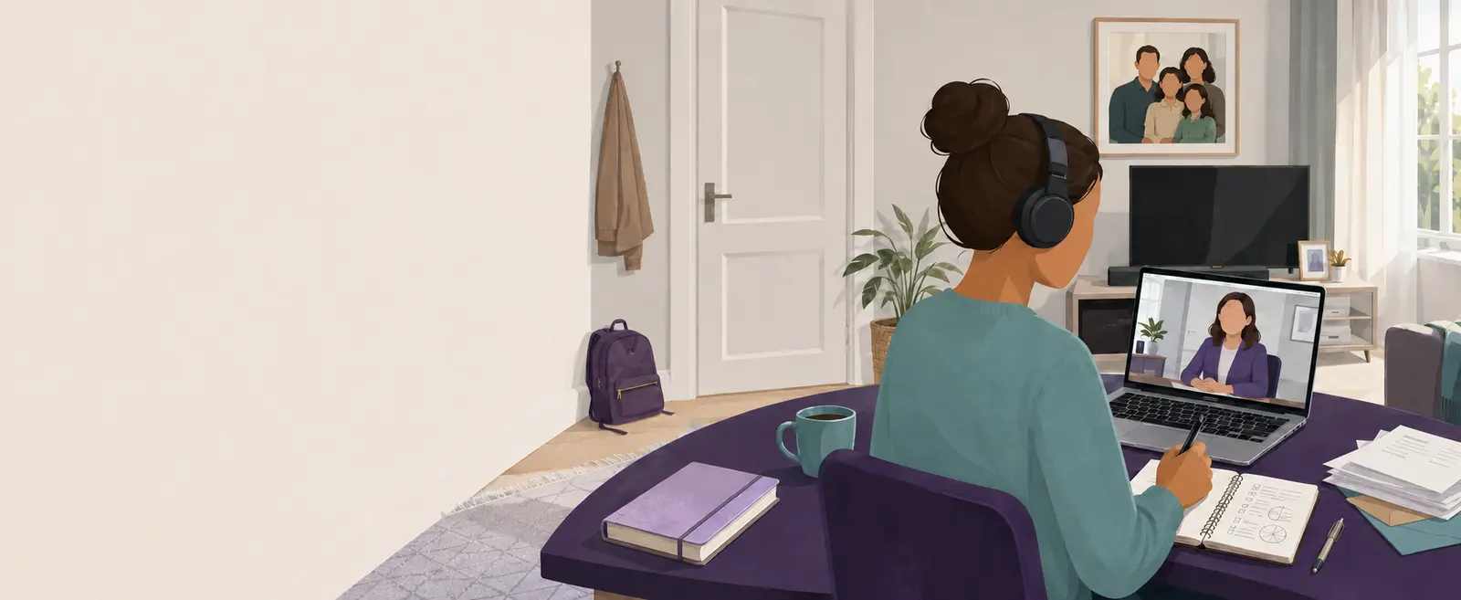 A client wearing headphones makes practical plans during a private video call with a Restitute support worker.